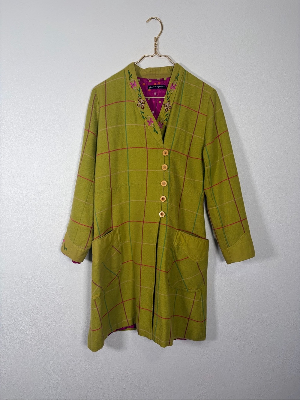Gudrun Sjoden Lime Green Windowpane Tunic Jacket with Pink Accents